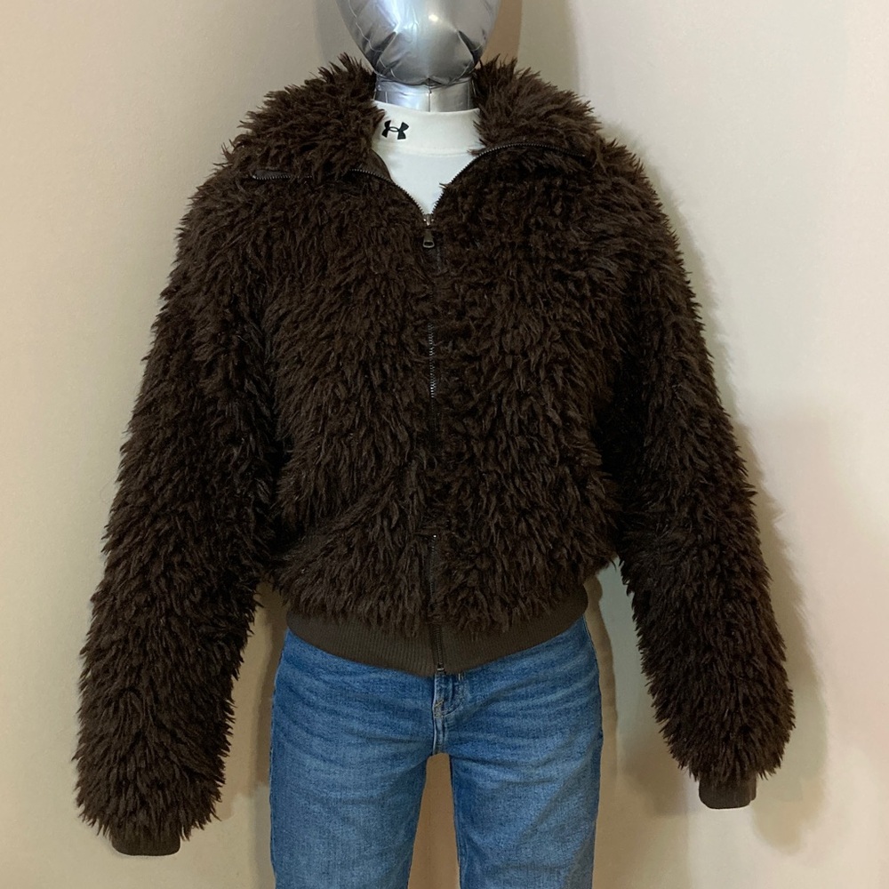 Plush Faux-Fur Brown Zip Front Jacket